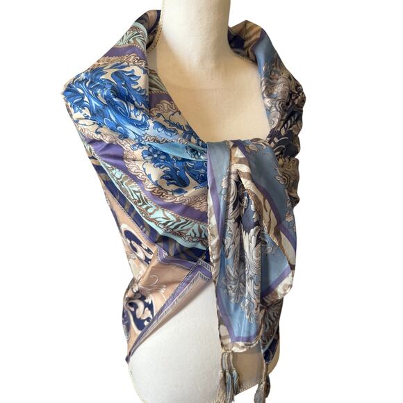 Johnny Was Valentin Silk Patchwork Tassel Detail Scarf Blue Taupe - Picture 9 of 9